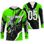 Maillot motocross vert fluo noir avec silhouette pilote moto et lettrage Motocross, prénom et numéro 05 imprimés
