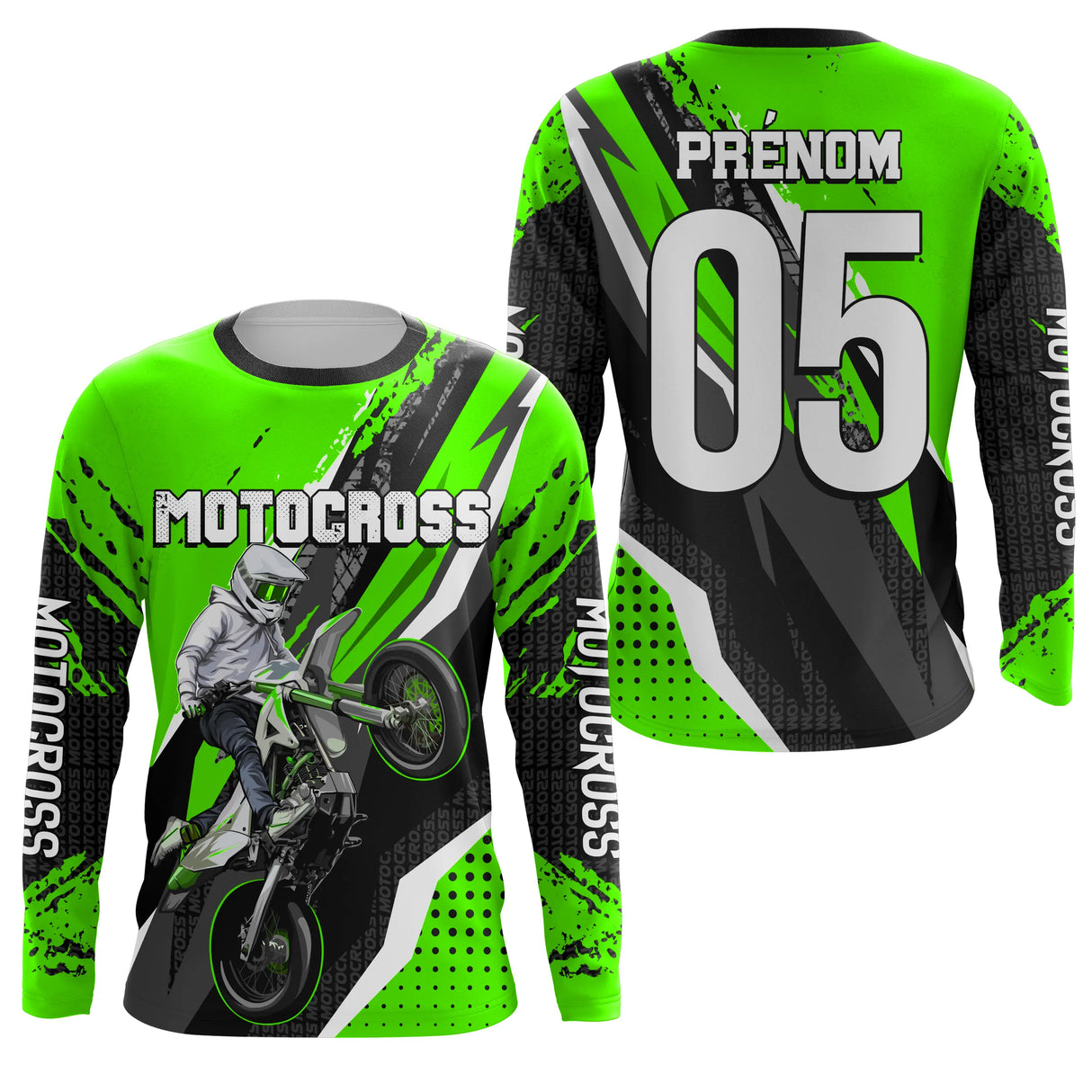 Anti-UV manches longues maillot motocross vert fluo, design dirt bike pilote personnalisé