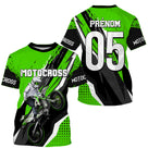 Anti-UV à capuche maillot motocross vert noir, lettrage Motocross et numéro de course personnalisé
