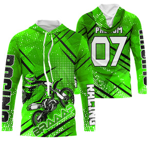 Maillot motocross vert fluo Braaap Racing avec silhouette pilote moto, prénom et numéro 07 imprimés