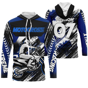 Maillot motocross bleu cobalt noir avec pilote en wheelie et lettrage Motocross Xtreme, prénom numéro 07 imprimés