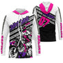 Maillot motocross rose fuchsia blanc noir avec pilote féminine et lettrage Dirt Bike, prénom numéro 07 imprimés