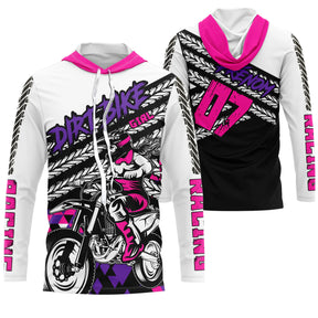 Maillot motocross rose fuchsia blanc noir avec pilote féminine et lettrage Dirt Bike, prénom numéro 07 imprimés