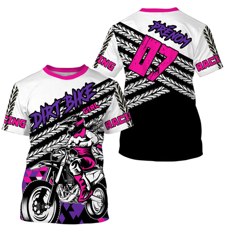 Maillot Cross Protection UV Rose, Cadeau Personnalisé Pilote Moto Cross, Fille Dirt Bike - MZ27122206 - T-shirt all over col rond