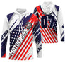 Maillot motocross bleu blanc rouge USA avec drapeau et lettrage Motocross Racing, prénom numéro 07 imprimés