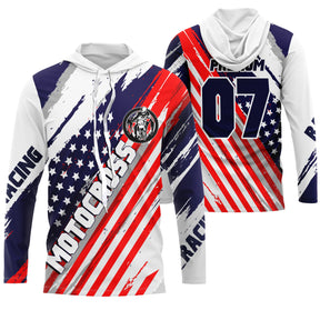 Maillot motocross bleu blanc rouge USA avec drapeau et lettrage Motocross Racing, prénom numéro 07 imprimés