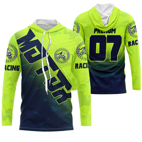 Maillot motocross vert fluo bleu marine avec lettrage MX et logo, prénom et numéro 07 imprimés