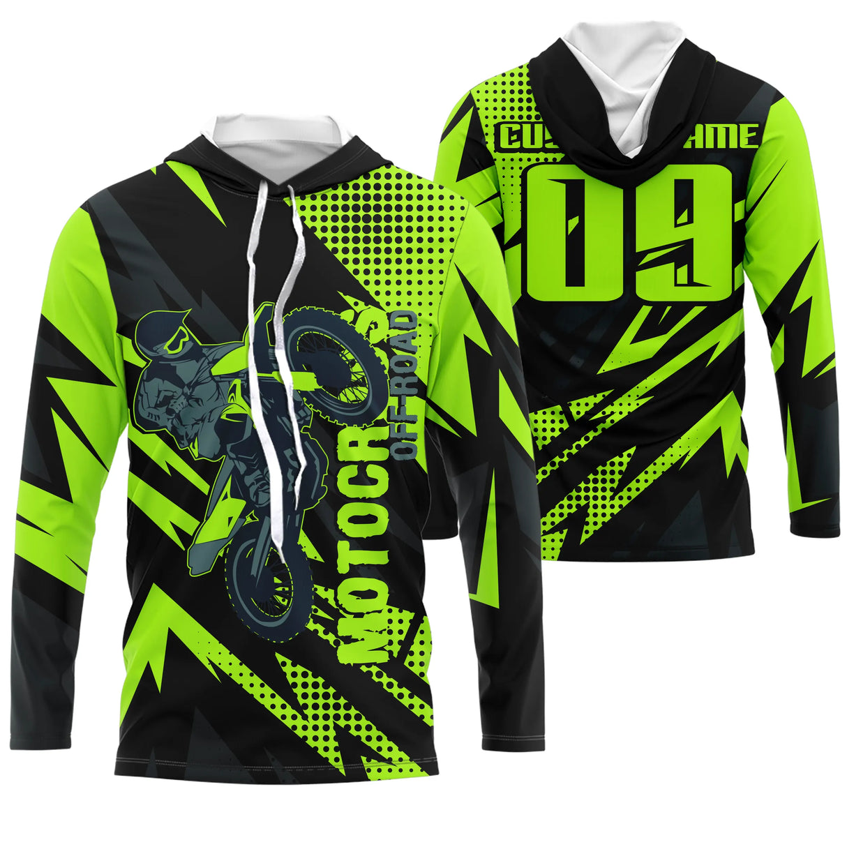 Anti-UV à capuche motocross vert lime noir, design dirt bike personnalisé pour compétiteur