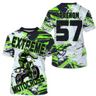 Maillot motocross extreme noir vert lime avec motard et lettrage Extreme Motocross, prénom numéro 57