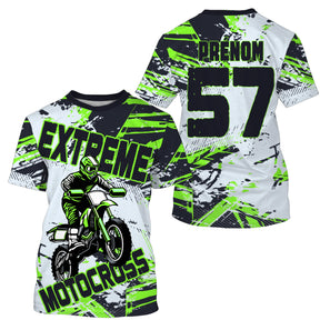 Maillot motocross extreme noir vert lime avec motard et lettrage Extreme Motocross, prénom numéro 57