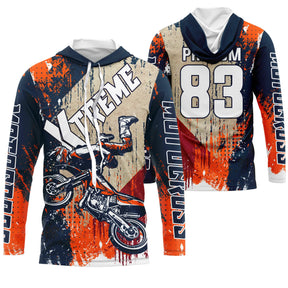 Maillot motocross orange bleu marine avec lettrage Xtreme et silhouette pilote moto, prénom et numéro 83 imprimés