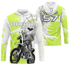 Maillot motocross vert fluo blanc avec pilote en wheelie et lettrage Braap, prénom numéro 57 imprimés