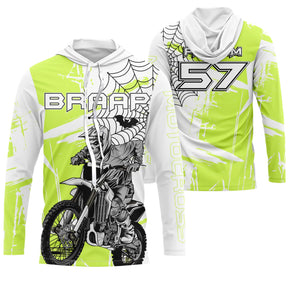 Maillot motocross vert fluo blanc avec pilote en wheelie et lettrage Braap, prénom numéro 57 imprimés