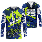 Maillot motocross bleu marine vert fluo MX Racing avec pilote en saut, prénom et numéro 75 imprimés
