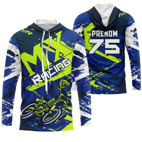 Maillot motocross bleu marine vert fluo MX Racing avec pilote en saut, prénom et numéro 75 imprimés
