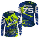 Anti-UV manches longues maillot motocross bleu vert fluo MX, design dirt bike racing personnalisé