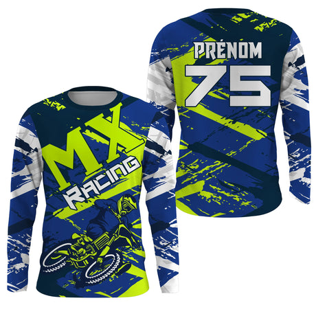 Maillot Cross Protection UV Bleu Vert, Cadeau Personnalisé Pilote Moto Cross, Courses Moto Tout-Terrain - 26122208MZ - Anti-UV T-shirt Manches Longues