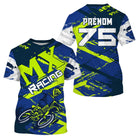 Anti-UV à capuche maillot motocross bleu vert citron, lettrage MX Racing et numéro de course personnalisé