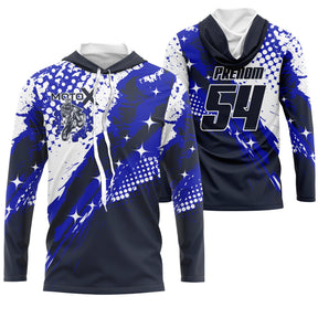 Maillot motocross bleu marine blanc avec éclats de peinture et lettrage MX, prénom et numéro 54 imprimés