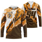Maillot motocross marron orange avec éclats de peinture et lettrage Moto X, prénom et numéro 54 imprimés
