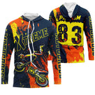 Maillot motocross jaune bleu marine avec pilote en saut et lettrage Xtreme, prénom et numéro 83 imprimés