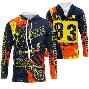 Maillot motocross jaune bleu marine avec pilote en saut et lettrage Xtreme, prénom et numéro 83 imprimés