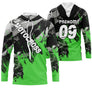 Maillot motocross vert fluo noir avec éclats de peinture et lettrage Motocross, prénom et numéro 09 imprimés