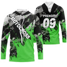 Maillot motocross vert fluo noir avec éclats de peinture et lettrage Motocross, prénom et numéro 09 imprimés
