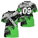 Anti-UV à capuche maillot motocross vert fluo noir, lettrage Motocross et numéro de course personnalisé