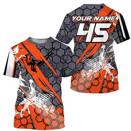 Anti-UV à capuche maillot motocross gris orange, motif hexagonal Xtreme et numéro de course personnalisé