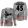 T-shirt manches longues motocross freestyle FMX gris rouge, design dirt bike personnalisable prénom numéro