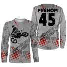 T-shirt manches longues motocross freestyle FMX gris rouge, design dirt bike personnalisable prénom numéro