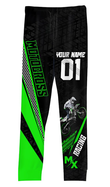 Pantalon motocross MX Racing all-over vert noir, tenue assortie pour pilote tout-terrain