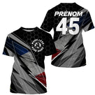 Maillot motocross France noir gris hexagonal avec drapeau tricolore et lettrage Work Less Ride More, prénom numéro 45