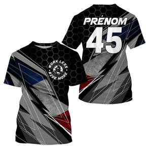 Maillot motocross France noir gris hexagonal avec drapeau tricolore et lettrage Work Less Ride More, prénom numéro 45