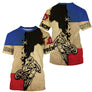 Maillot motocross France beige avec drapeau tricolore déchiré et motard sépia, prénom numéro imprimés
