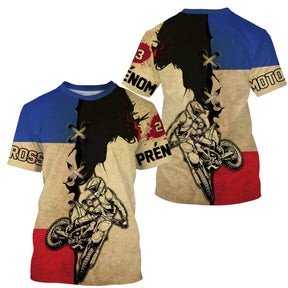 Maillot motocross France beige avec drapeau tricolore déchiré et motard sépia, prénom numéro imprimés