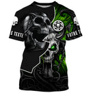 Maillot motocross noir vert toxique avec double crâne miroir et motif tribal, texte personnalisé sur manches