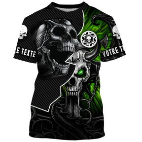 Maillot motocross noir vert toxique avec double crâne miroir et motif tribal, texte personnalisé sur manches