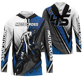 Anti-UV à capuche motocross bleu noir extreme, design dirt bike personnalisé pour freestyle