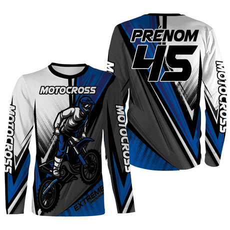 T-shirt manches longues motocross extreme bleu, design dirt bike personnalisable prénom numéro
