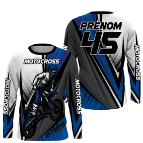 Anti-UV manches longues motocross extreme bleu, tenue piste avec prénom et numéro pour pilote