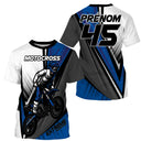 Maillot motocross extreme blanc bleu noir avec motard en course et lettrage Extreme, prénom numéro 45 imprimés