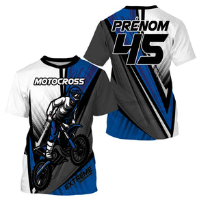 Maillot motocross extreme blanc bleu noir avec motard en course et lettrage Extreme, prénom numéro 45 imprimés