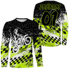 T-shirt manches longues motocross vert fluo damier, design dirt bike personnalisable prénom numéro