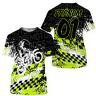 Maillot motocross noir vert fluo avec motif damier et motard en course, prénom numéro 01 imprimés