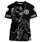 Maillot motocross noir double crâne biker et grim reaper avec motif tribal, texte personnalisé sur manches