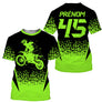 Maillot motocross noir vert lime fluo avec motard silhouette et éclats explosifs, prénom numéro 45 imprimés