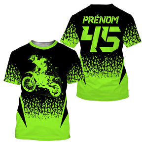 Maillot motocross noir vert lime fluo avec motard silhouette et éclats explosifs, prénom numéro 45 imprimés