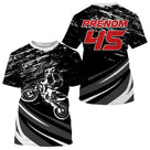Maillot motocross noir blanc rayures avec motard silhouette et fragments dynamiques, prénom numéro 45 imprimés